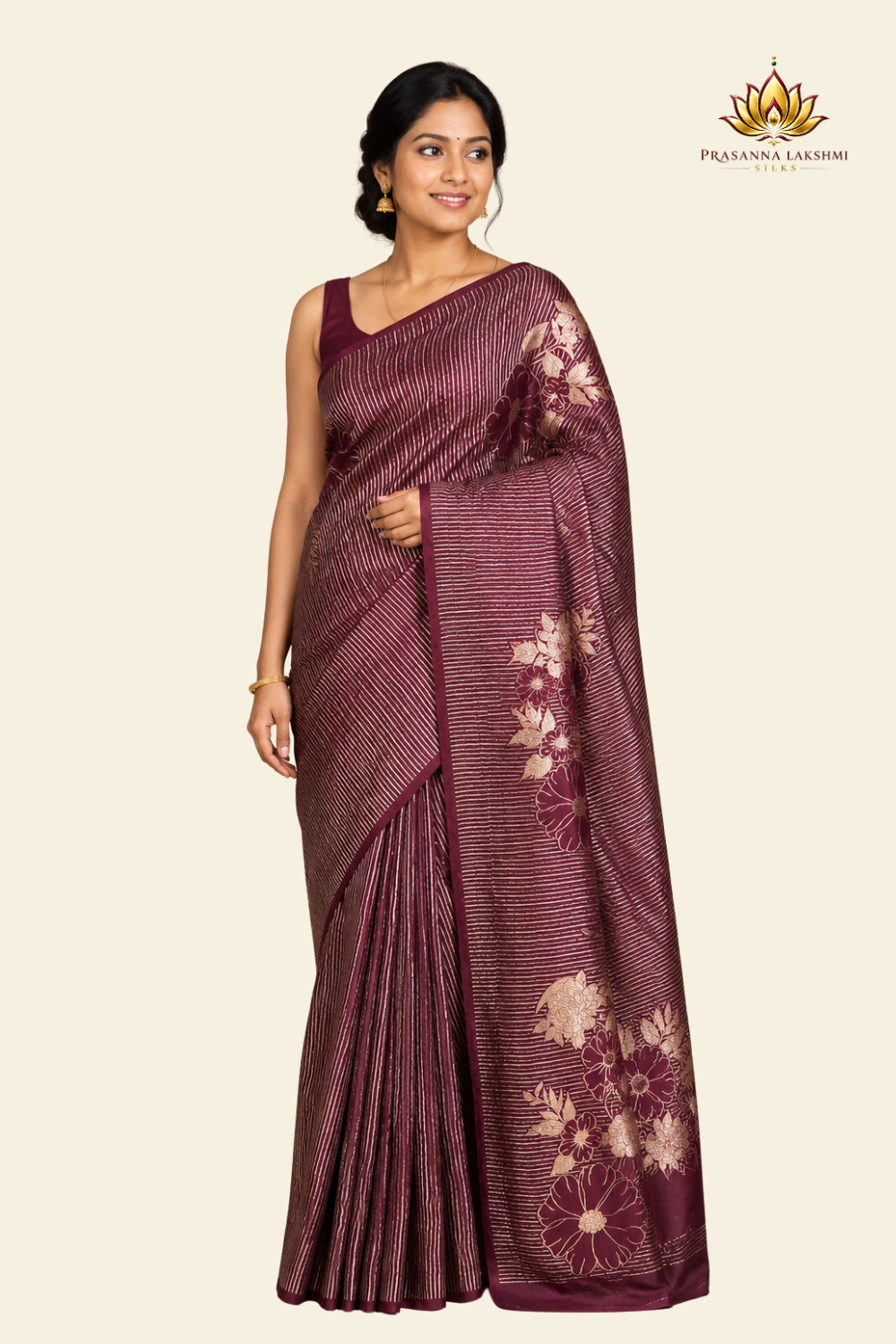 Crepe silk saree with gold and silver vertical stripes and velvet floral pallu
