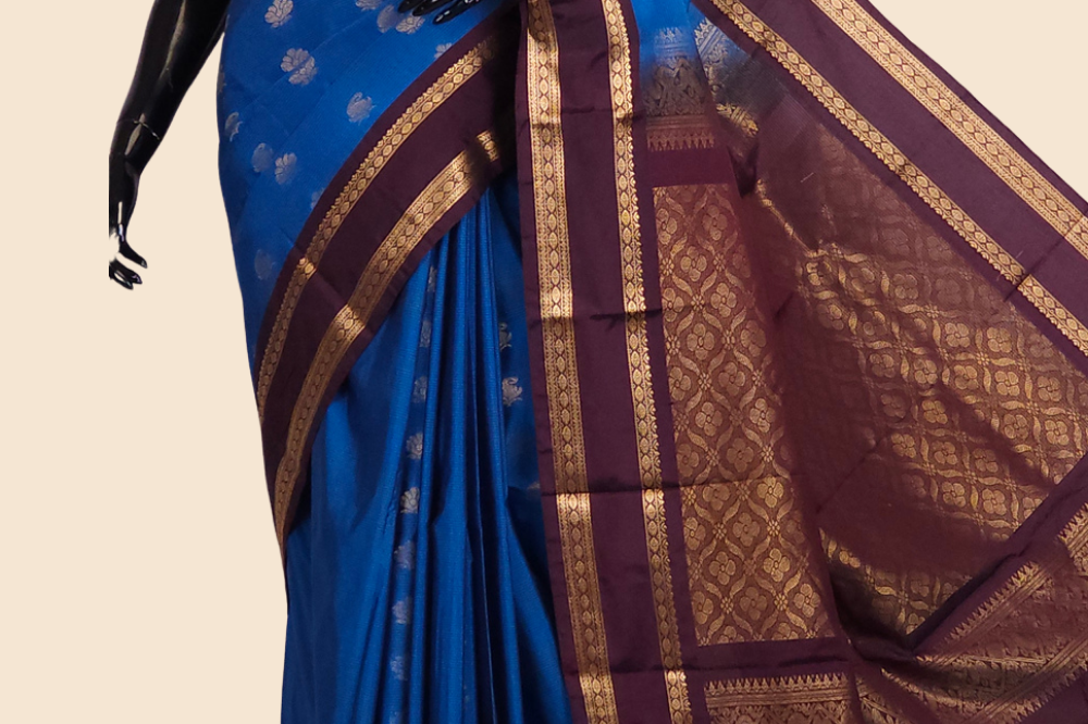 Semi Gadwal saree with horizontal zari motif stripes and zari woven gap borders
