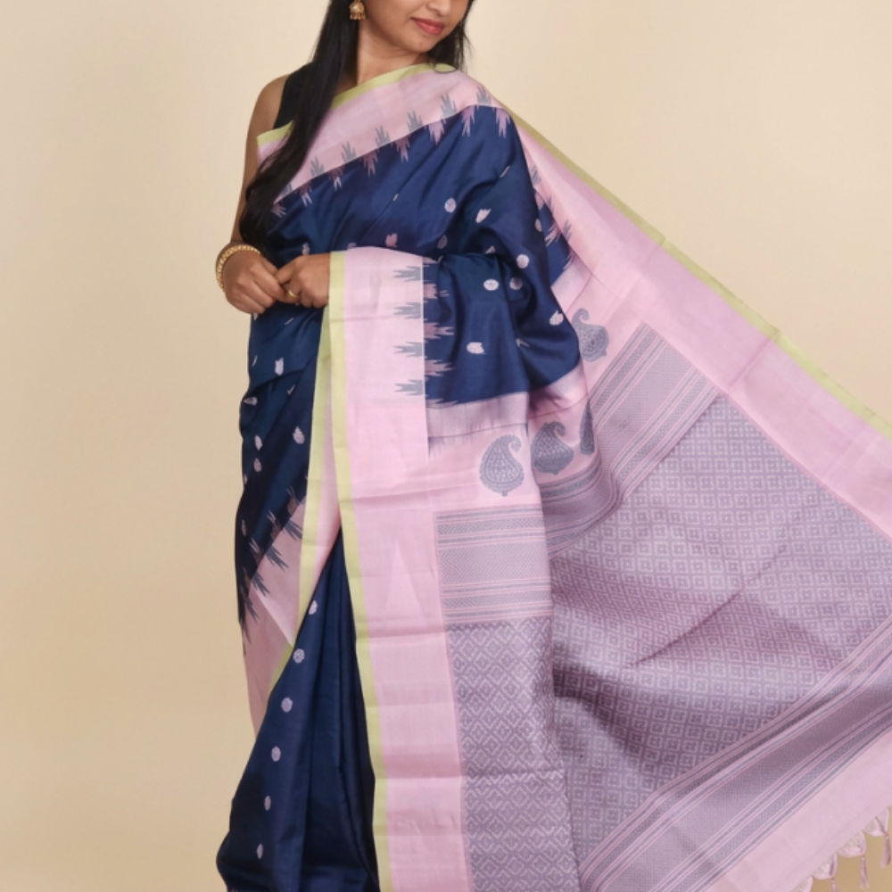 Peacock blue handloom Gadwal pure silk saree with lotus pink zari border and rich brocade pallu
