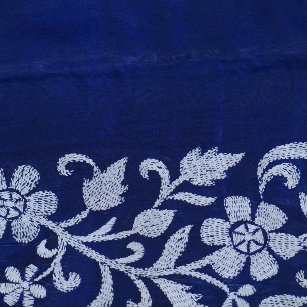Traditional semi Bangalore silk saree with intricate Kantha embroidery suitable for festive occasions.