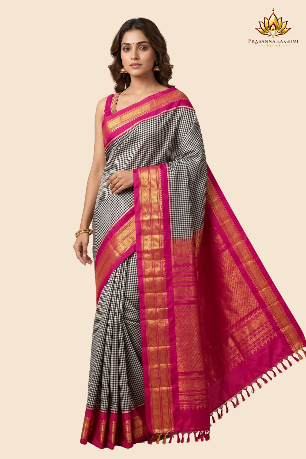 Handloom Gadwal pure silk saree with classic checks pattern and rich zari brocade pallu.

