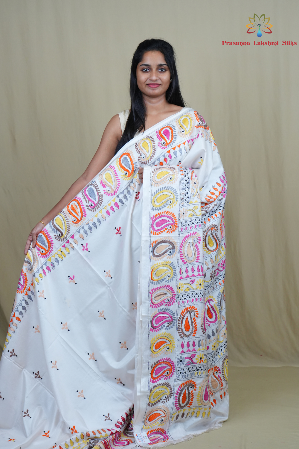 Semi Bangalore silk saree with all-over hand Kantha work and rich embroidered pallu.
