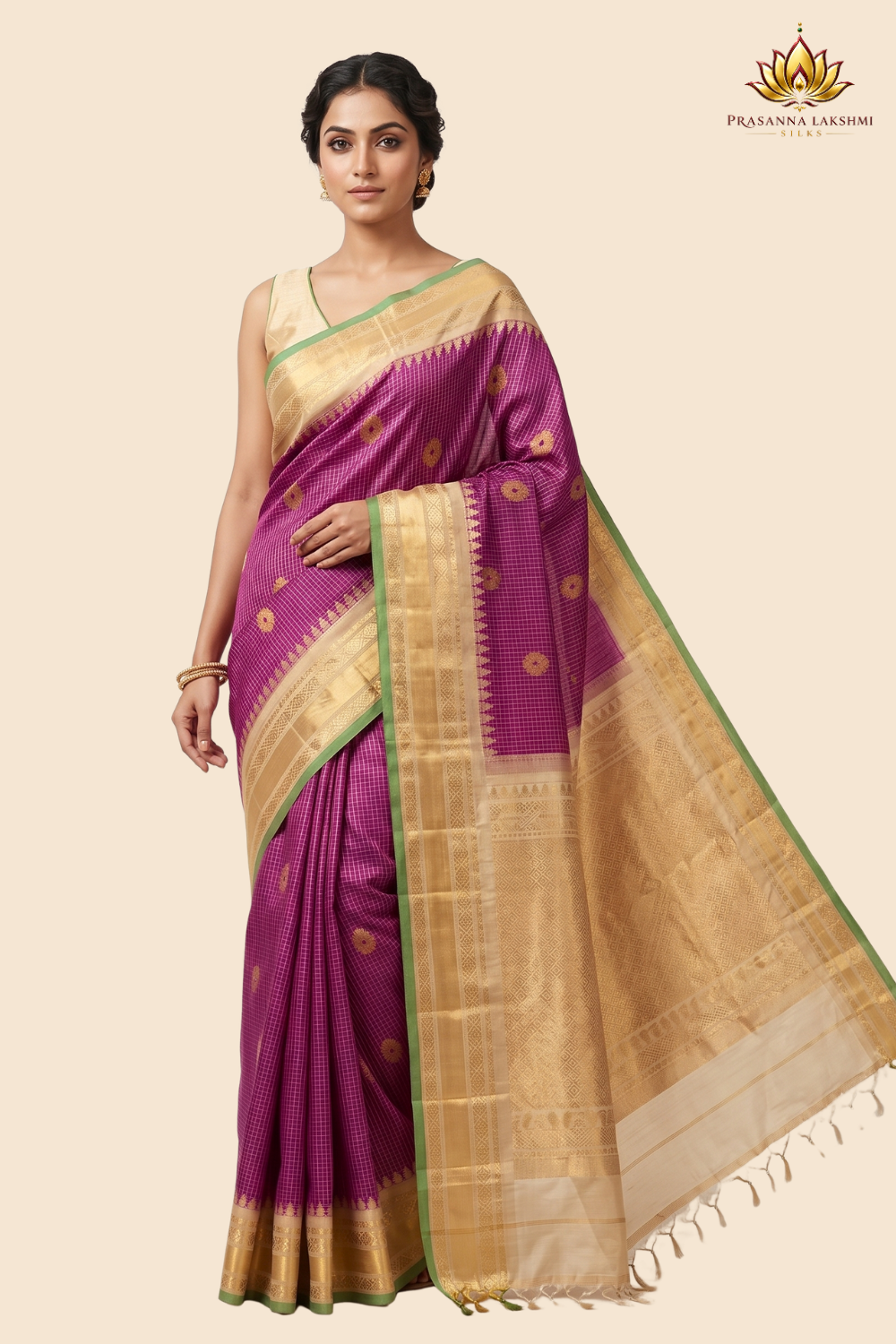 Handloom Gadwal pure silk saree with classic checks pattern and rich zari brocade pallu.
