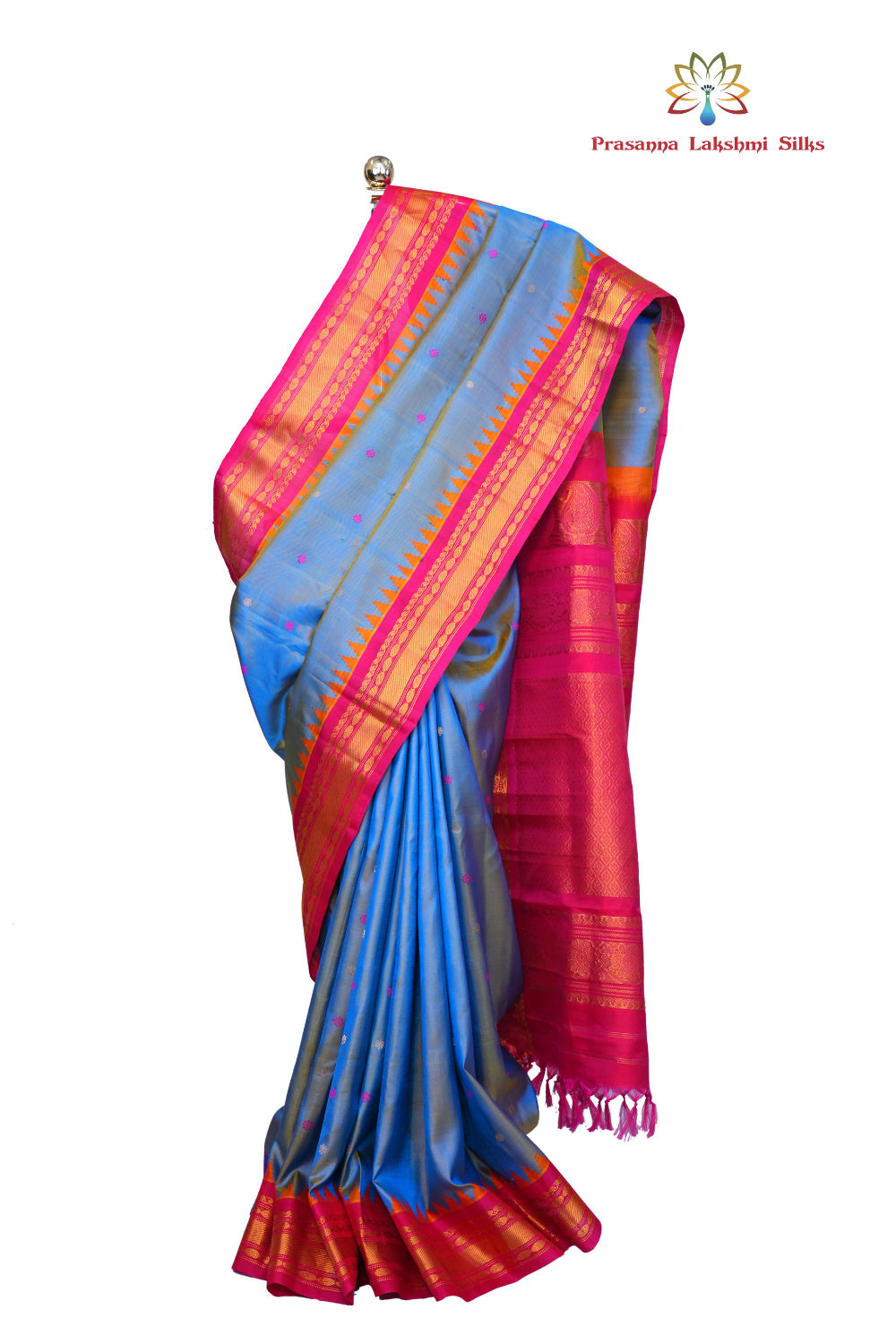 Handloom Gadwal pure silk saree with intricate small zari motifs and rich woven pallu.
