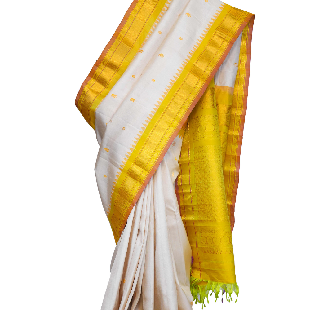 Handloom Gadwal pure silk saree with intricate small zari motifs and rich woven pallu.
