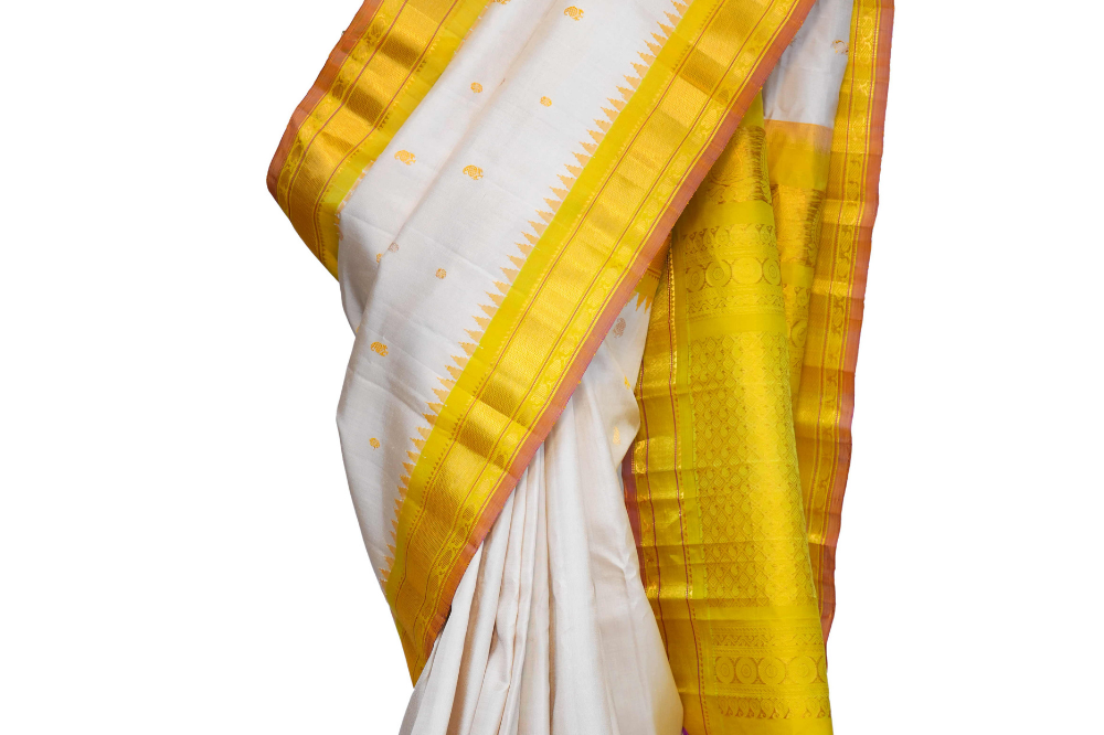 Handloom Gadwal pure silk saree with intricate small zari motifs and rich woven pallu.
