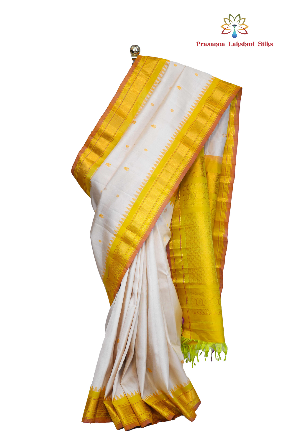 Handloom Gadwal pure silk saree with intricate small zari motifs and rich woven pallu.
