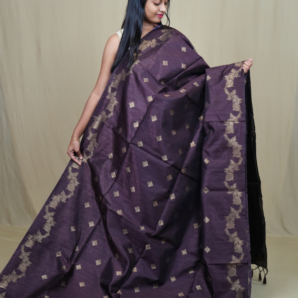 Traditional Semi Dupion Saree with woven zari motifs, ornate borders, and rich brocade pallu for weddings and festive occasions.