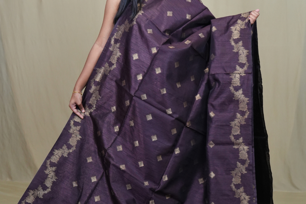 Traditional Semi Dupion Saree with woven zari motifs, ornate borders, and rich brocade pallu for weddings and festive occasions.