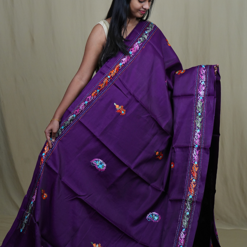 Traditional semi Tussar saree suitable for festive occasions with intricate Parsi work detailing.