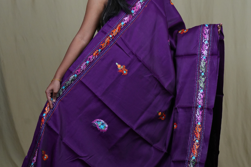 Traditional semi Tussar saree suitable for festive occasions with intricate Parsi work detailing.