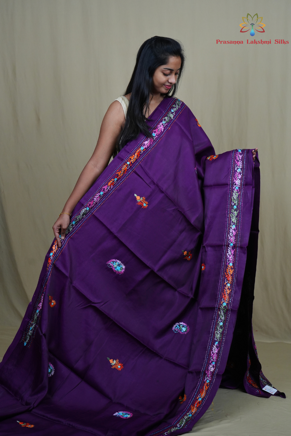 Traditional semi Tussar saree suitable for festive occasions with intricate Parsi work detailing.