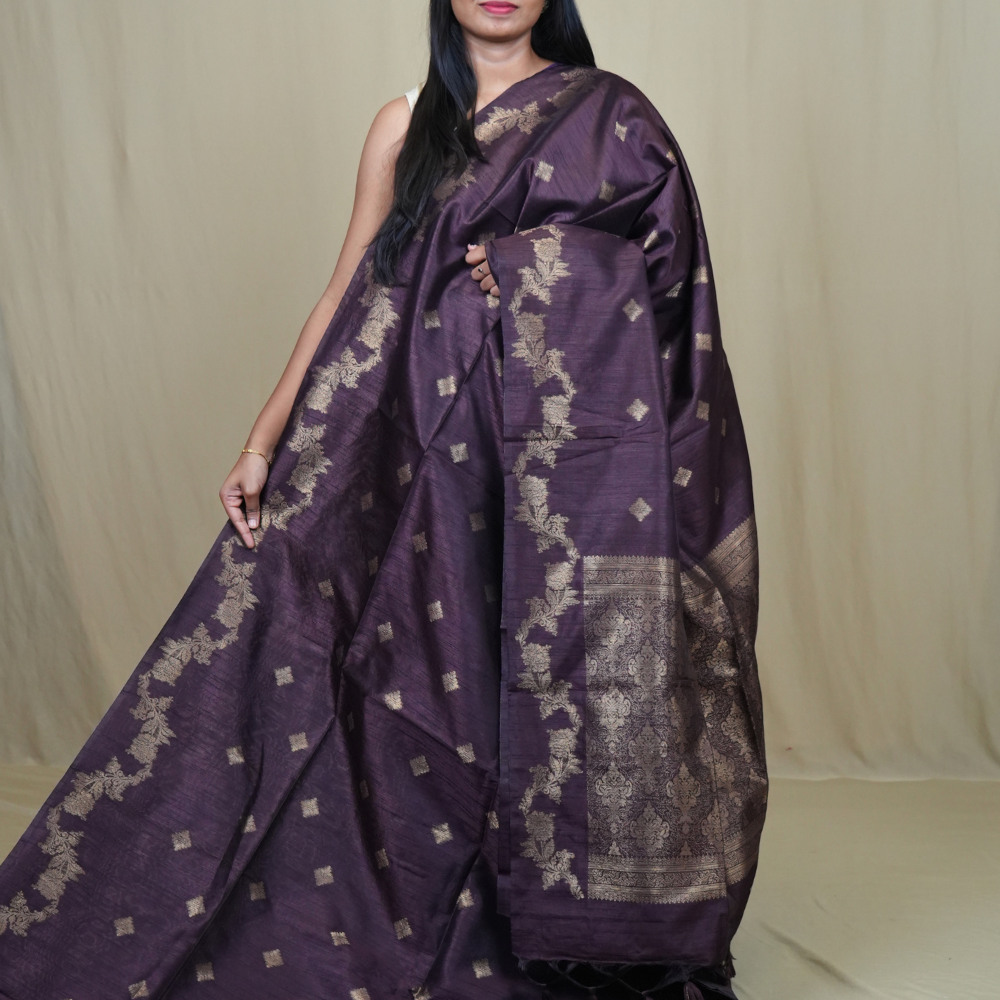 Semi Dupion Silk Saree with all-over zari woven motifs, rich brocade pallu, and elegant zari borders.
