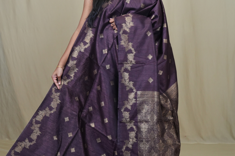 Semi Dupion Silk Saree with all-over zari woven motifs, rich brocade pallu, and elegant zari borders.

