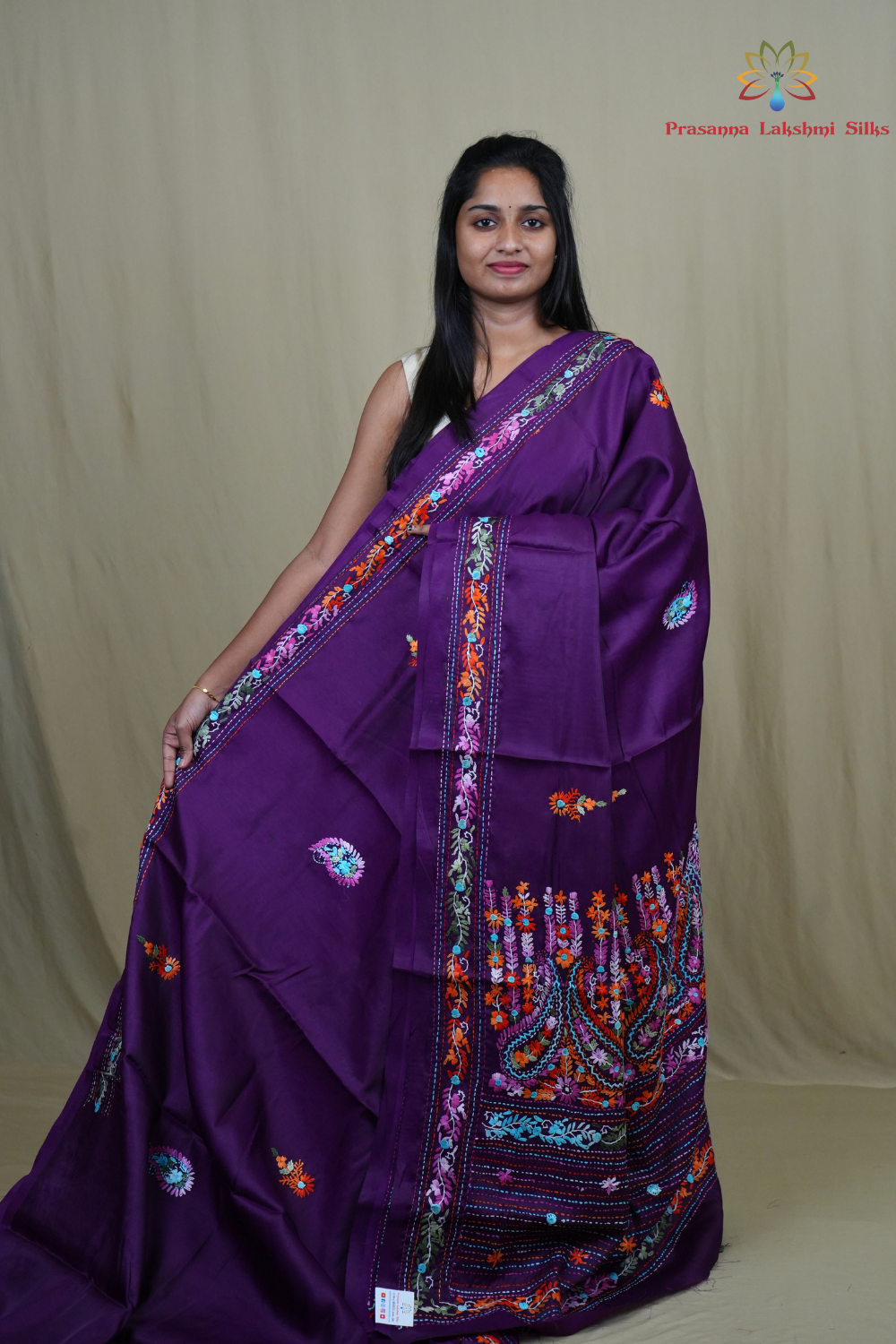 Semi Tussar saree with all-over thread woven motifs and rich Parsi work pallu.
