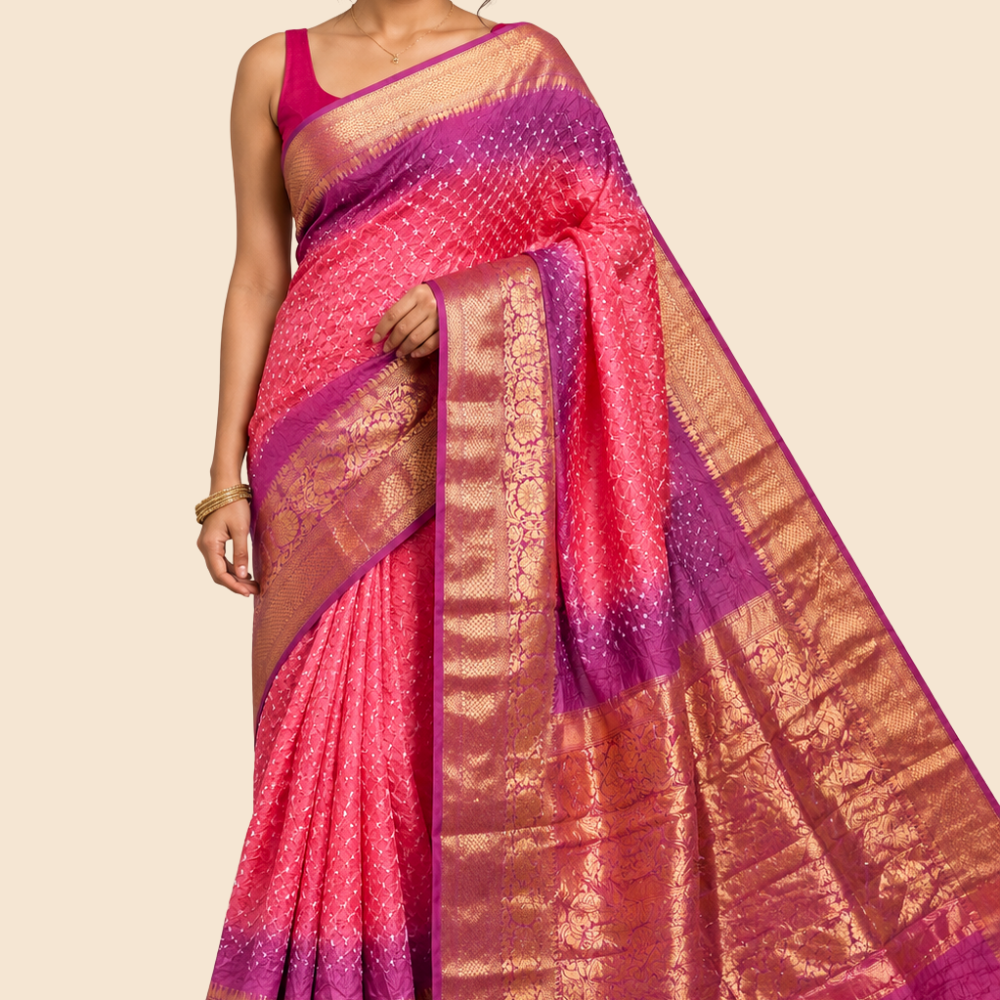 Banarasi Bandhani silk saree with vibrant border
