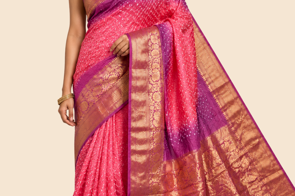 Banarasi Bandhani silk saree with vibrant border
