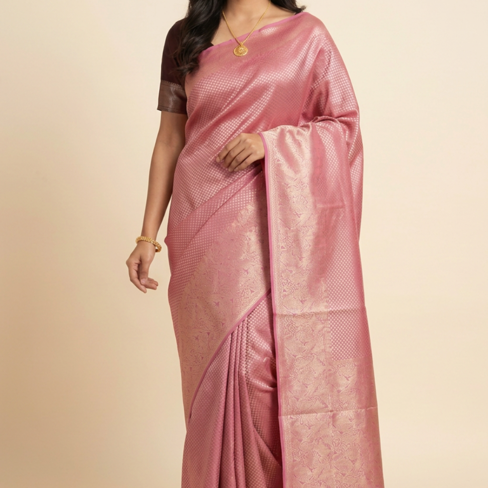 Munga Tissue saree featuring allover rich zari brocade, self-colour zari woven borders, and a luxurious brocade pallu.
