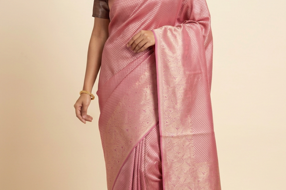 Munga Tissue saree featuring allover rich zari brocade, self-colour zari woven borders, and a luxurious brocade pallu.
