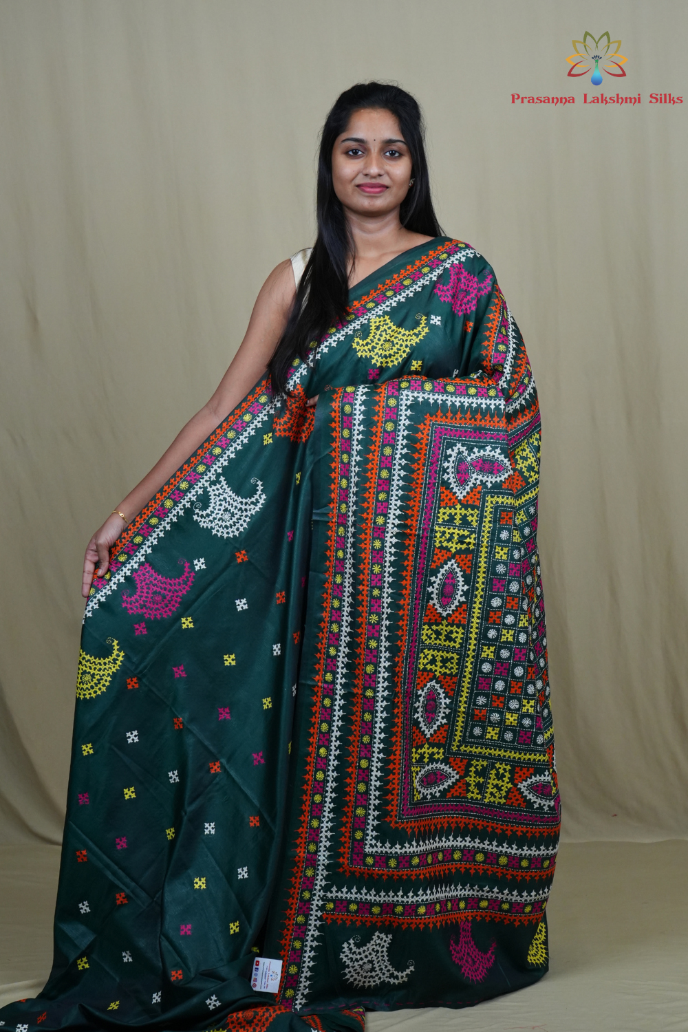 Semi Bangalore silk saree with all-over hand Kantha work and rich embroidered pallu.
