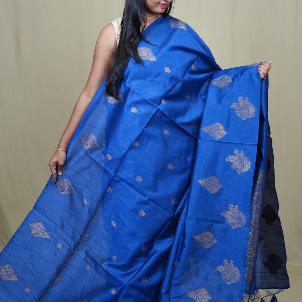 Traditional Semi Dupion Saree with woven zari motifs, ornate borders, and rich brocade pallu for weddings and festive occasions.