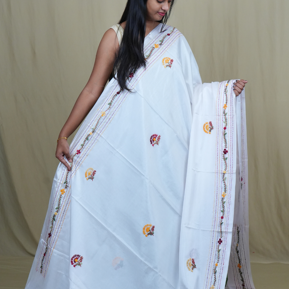 Traditional semi Tussar saree suitable for festive occasions with intricate Parsi work detailing.