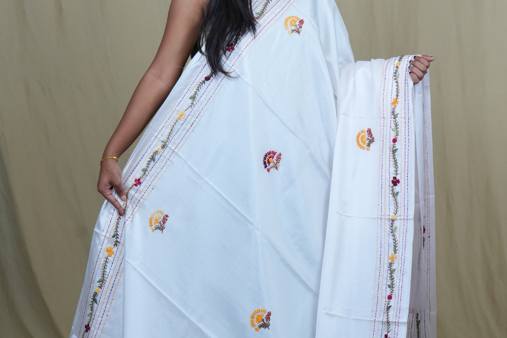 Traditional semi Tussar saree suitable for festive occasions with intricate Parsi work detailing.