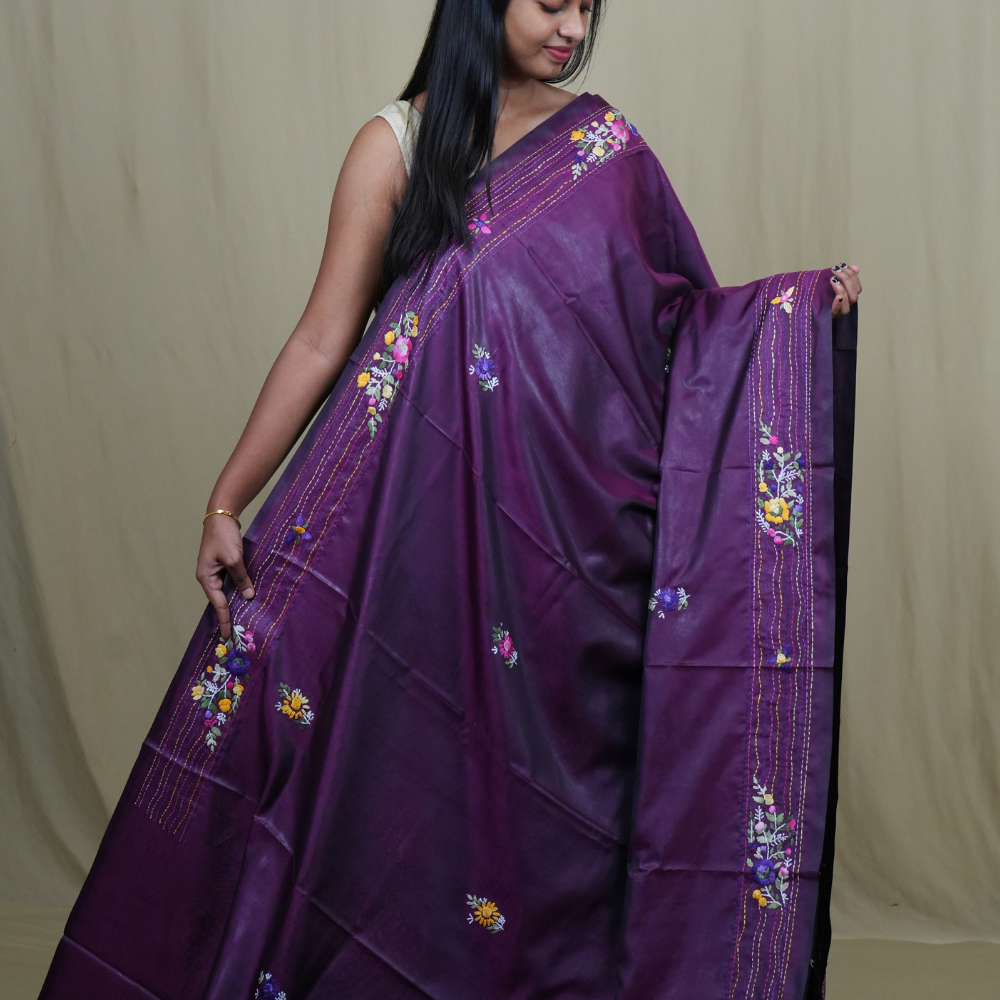 Traditional semi Tussar saree suitable for festive occasions with intricate Parsi work detailing.