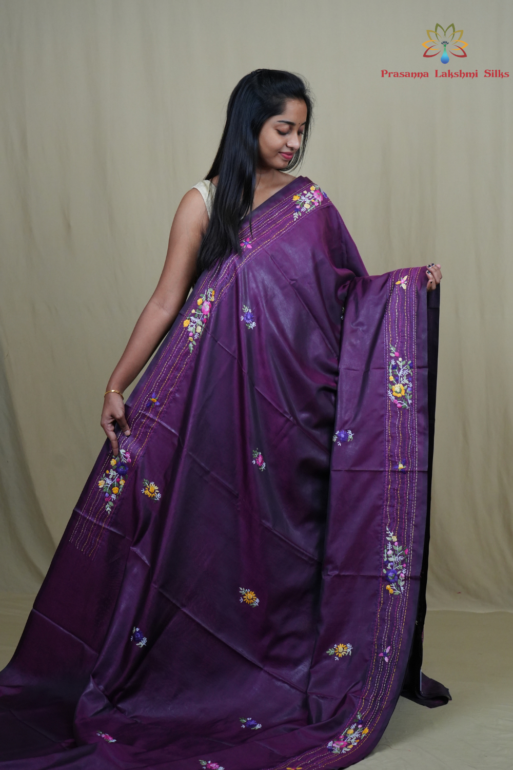 Traditional semi Tussar saree suitable for festive occasions with intricate Parsi work detailing.