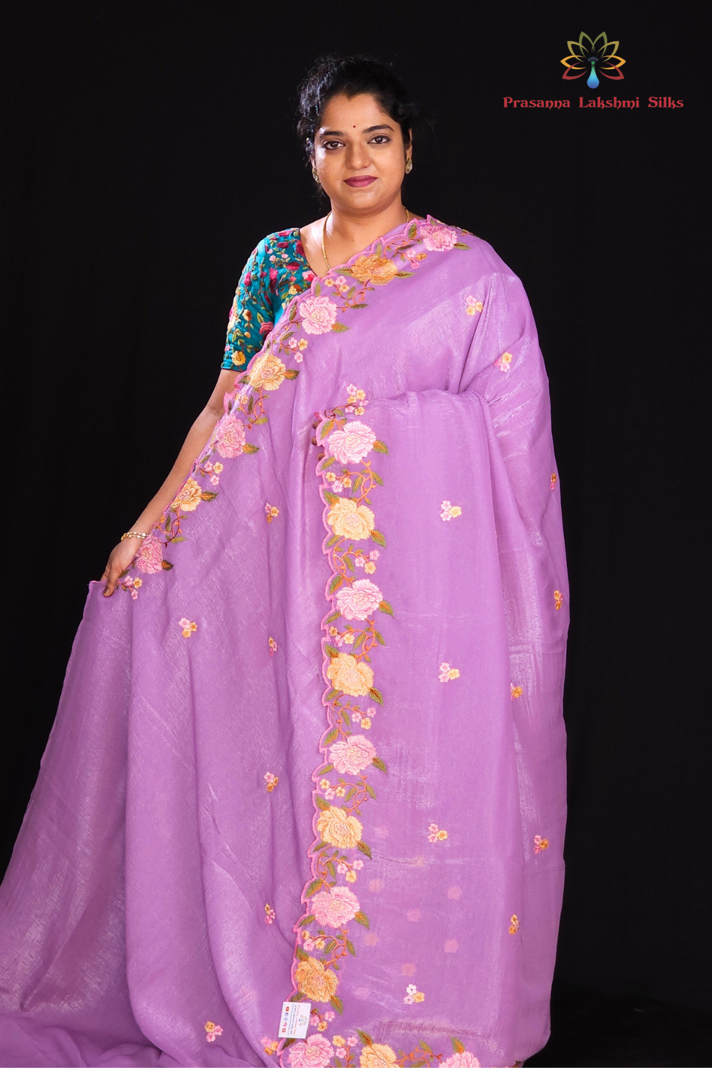 Lavender Elegant glass organza saree with floral embroidery