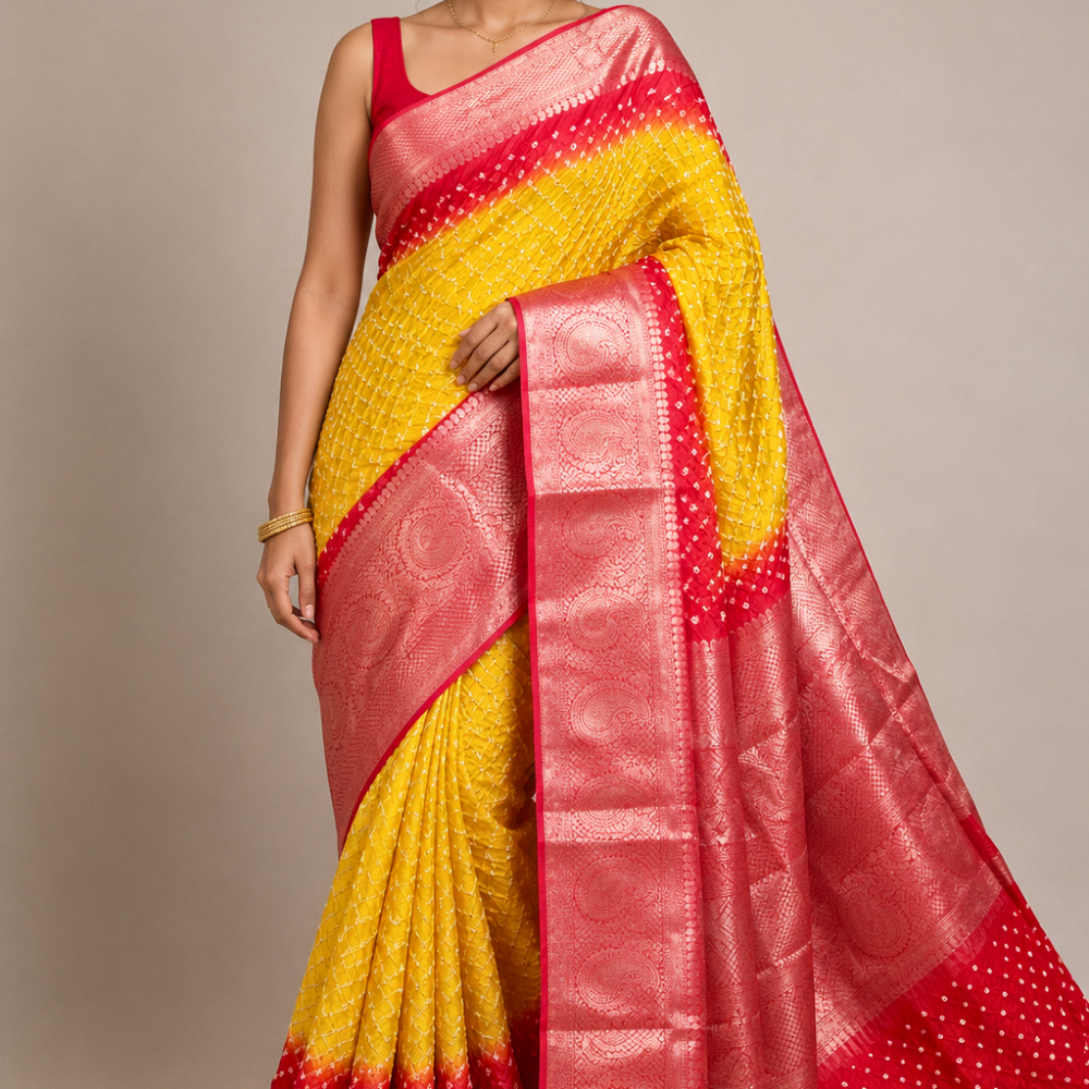 Banarasi Bandhani silk saree with vibrant border
