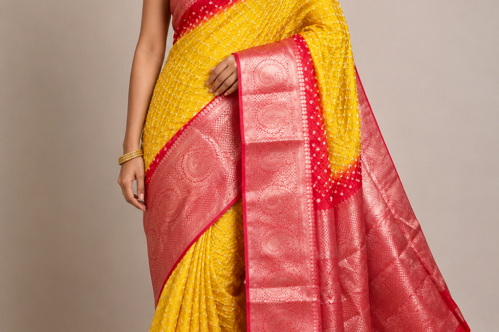 Banarasi Bandhani silk saree with vibrant border
