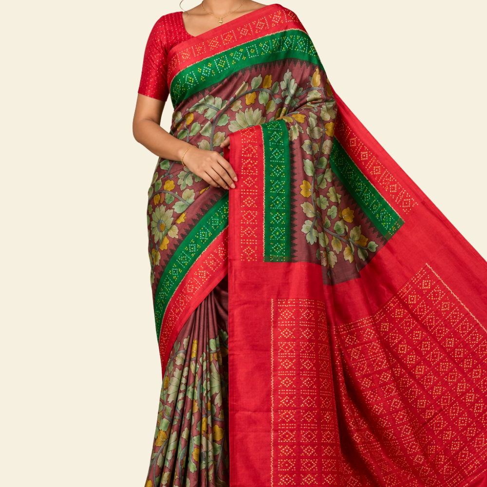 Handloom pure Rajkot patola silk saree with digital pen kalamkari design
