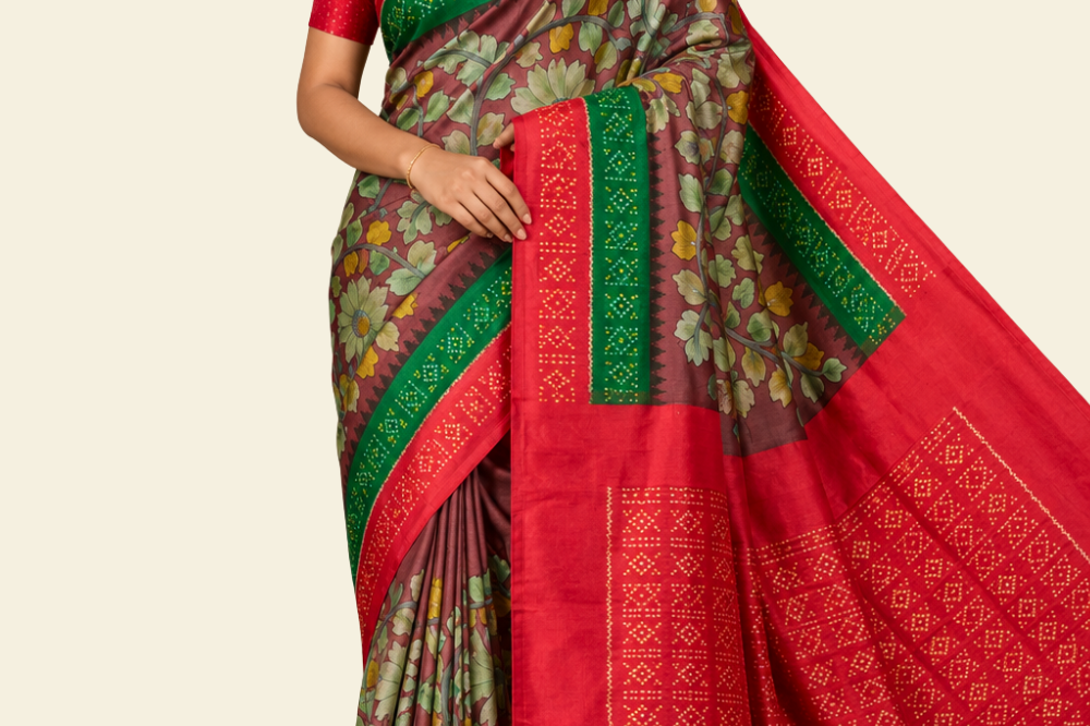 Handloom pure Rajkot patola silk saree with digital pen kalamkari design
