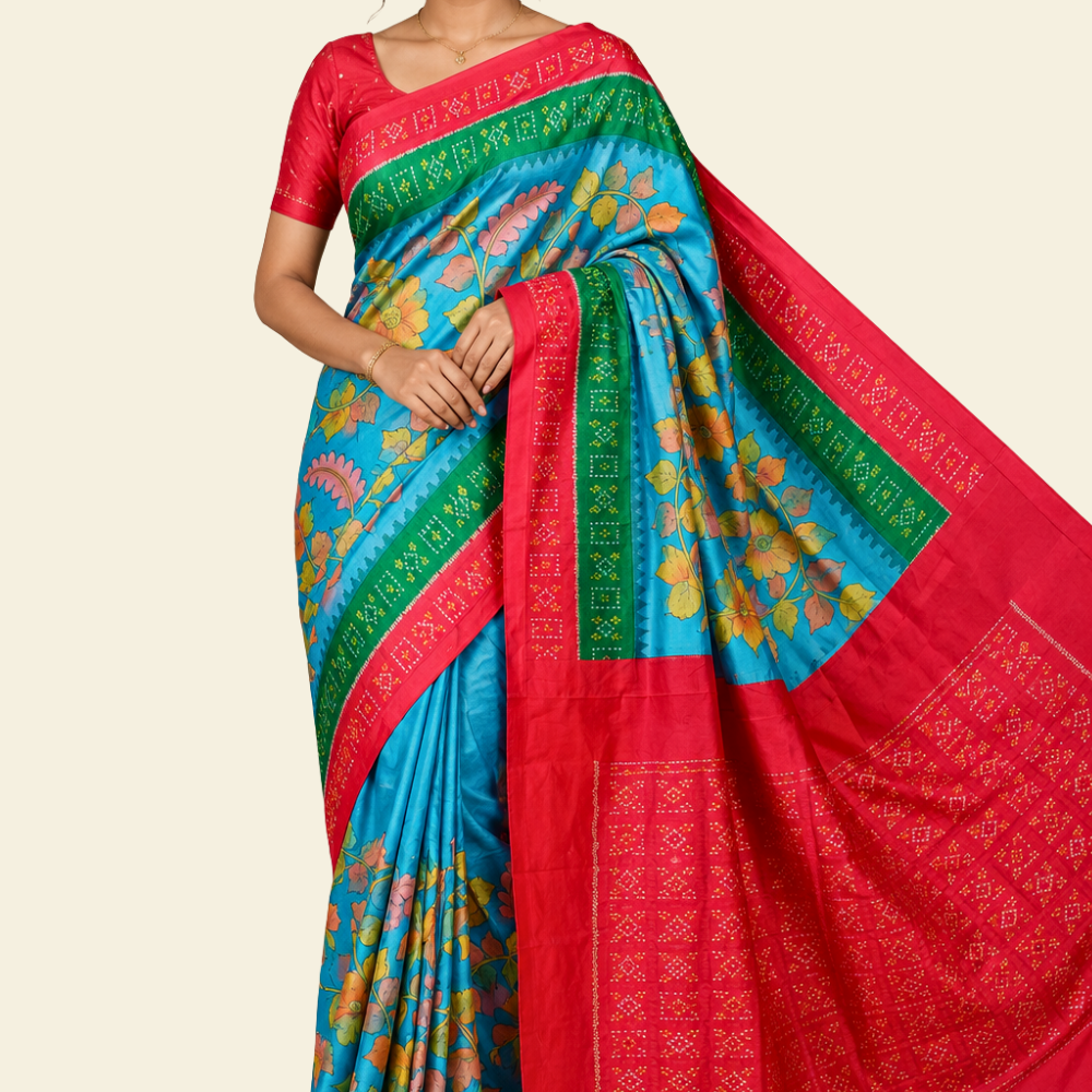Handloom pure Rajkot patola silk saree with digital pen kalamkari design

