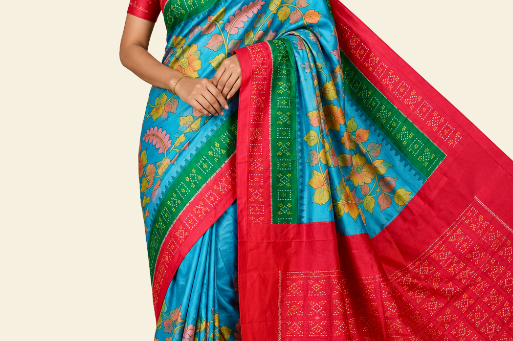 Handloom pure Rajkot patola silk saree with digital pen kalamkari design
