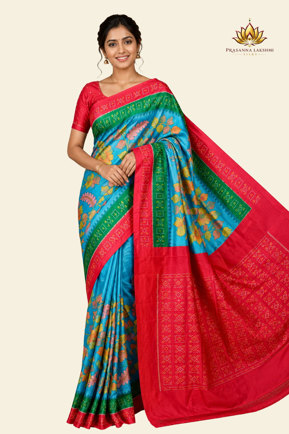 Handloom pure Rajkot patola silk saree with digital pen kalamkari design
