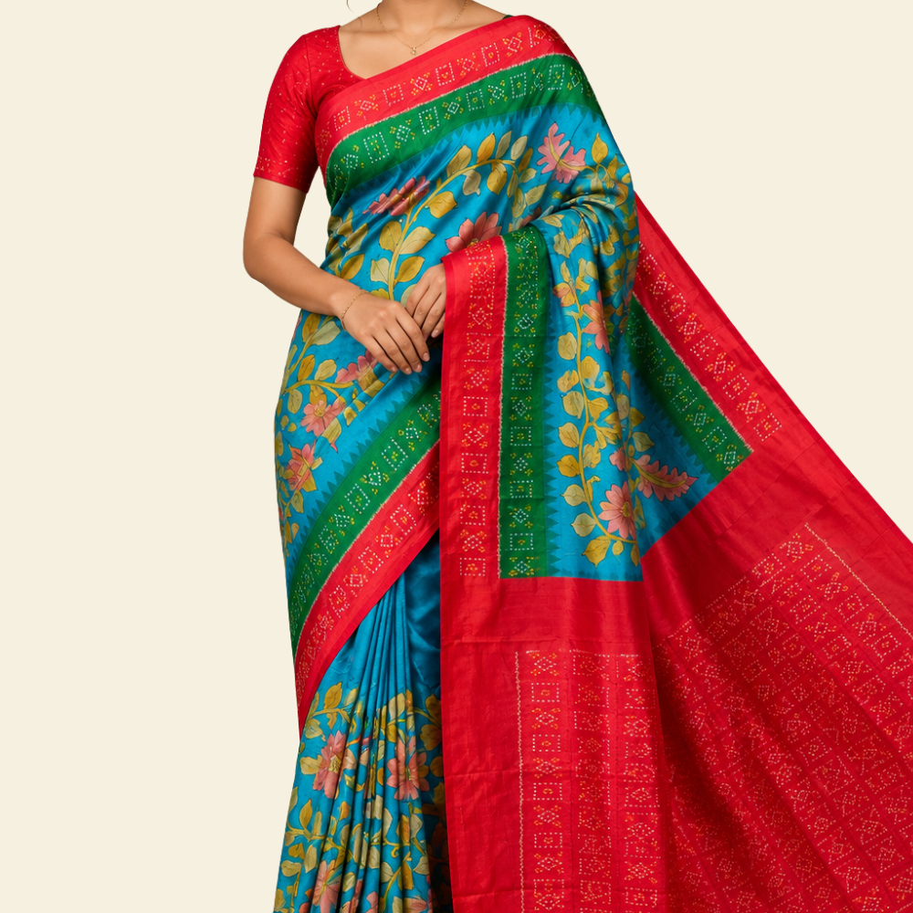 Handloom pure Rajkot patola silk saree with digital pen kalamkari design
