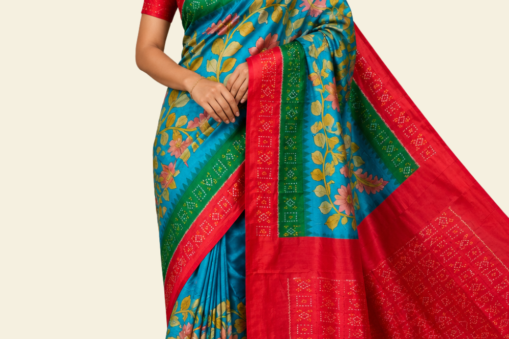 Handloom pure Rajkot patola silk saree with digital pen kalamkari design
