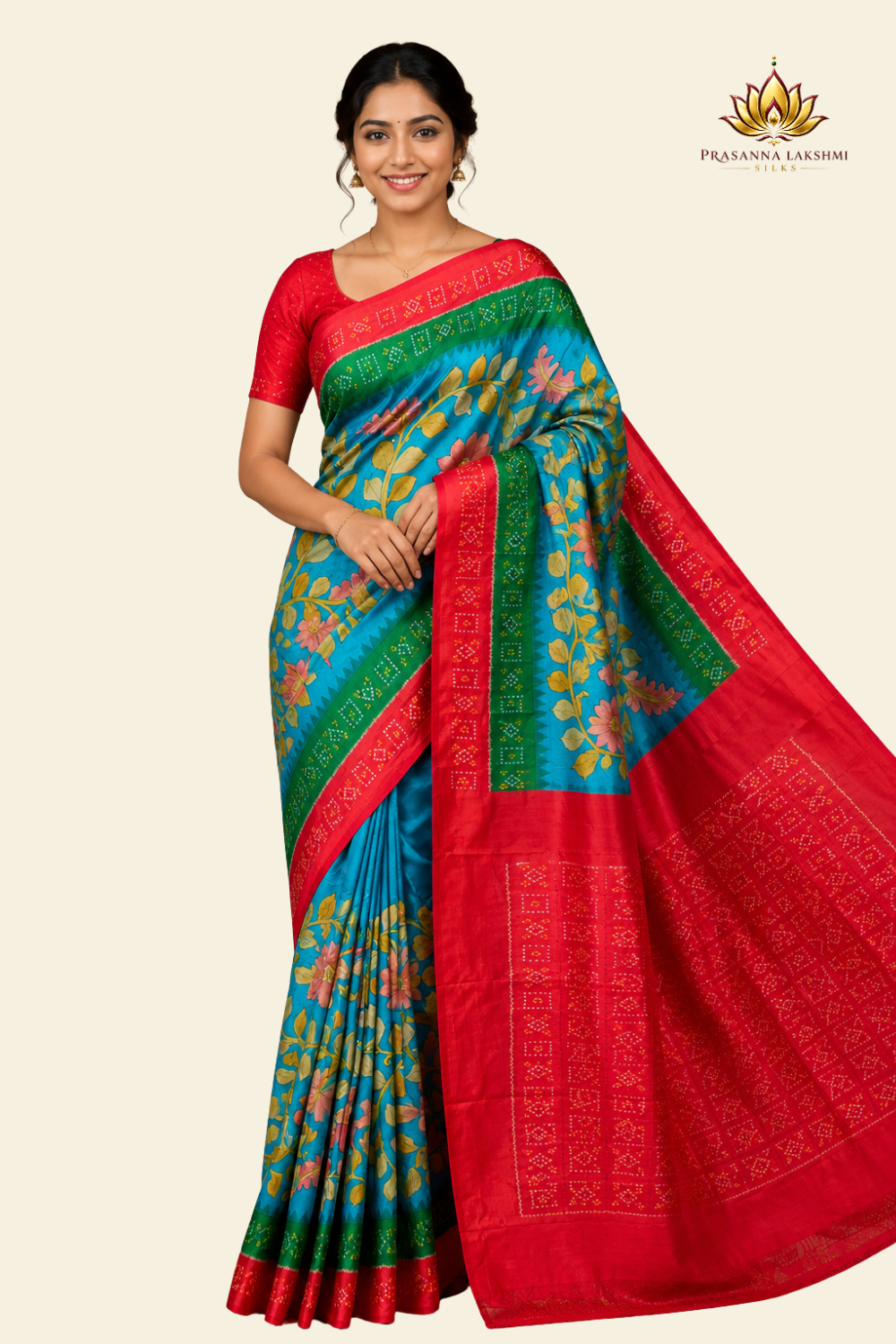 Handloom pure Rajkot patola silk saree with digital pen kalamkari design
