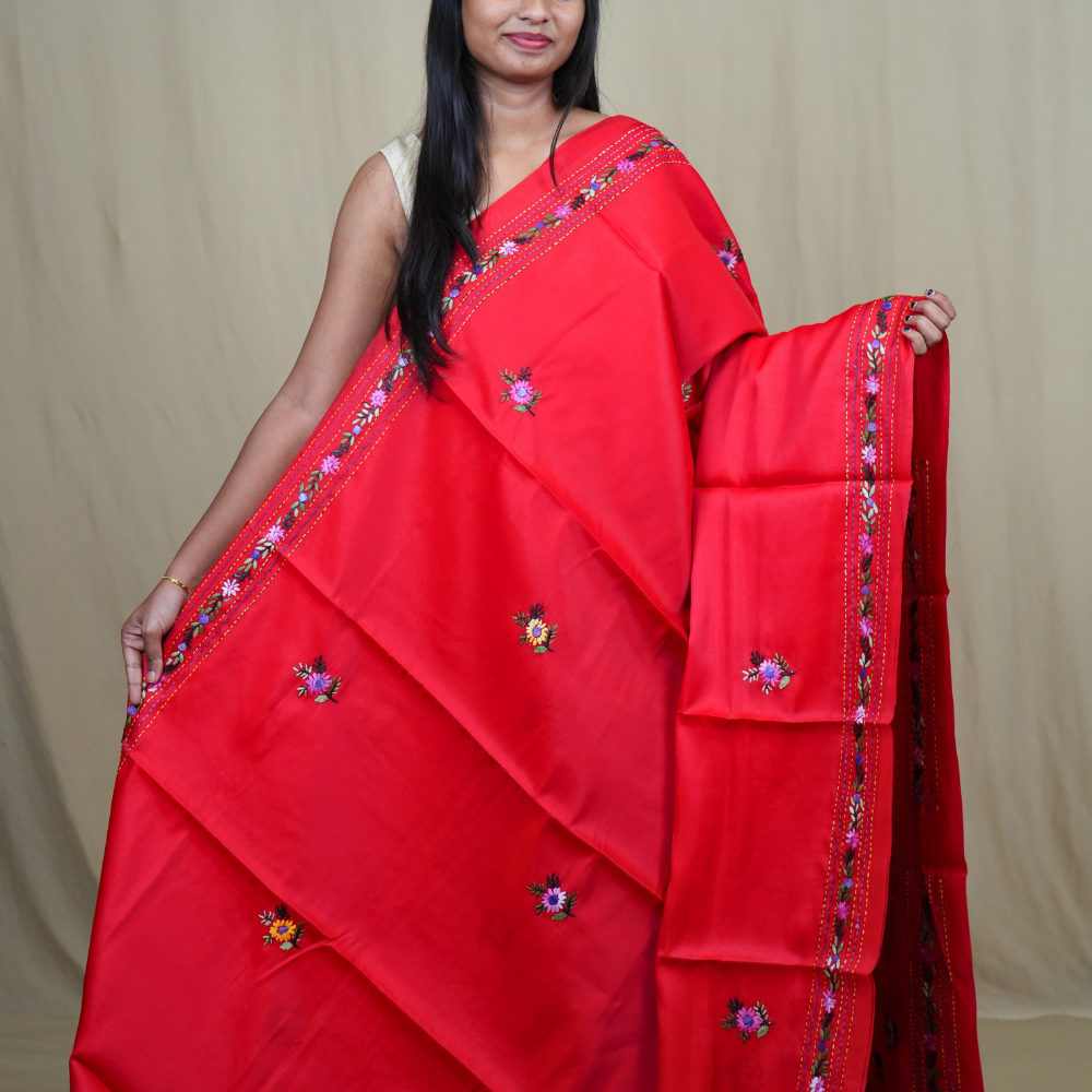 Traditional semi Tussar saree suitable for festive occasions with intricate Parsi work detailing.