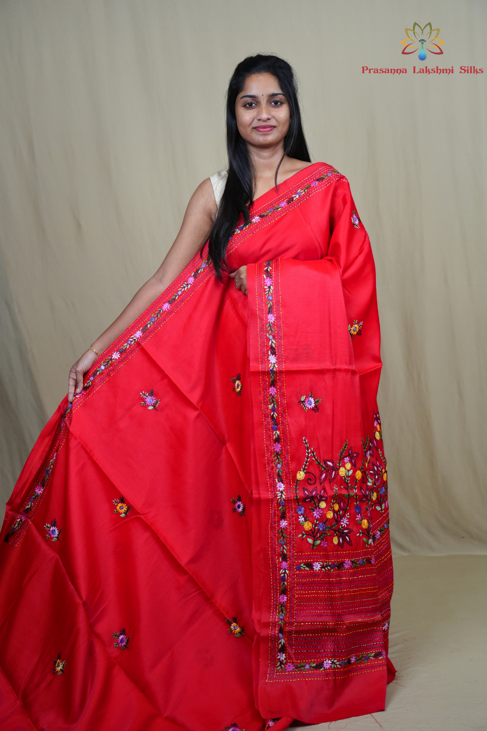 Semi Tussar saree with all-over thread woven motifs and rich Parsi work pallu.
