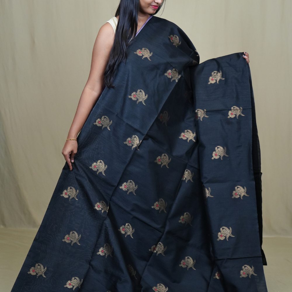 Traditional Semi Dupion Saree with woven zari motifs, ornate borders, and rich brocade pallu for weddings and festive occasions.