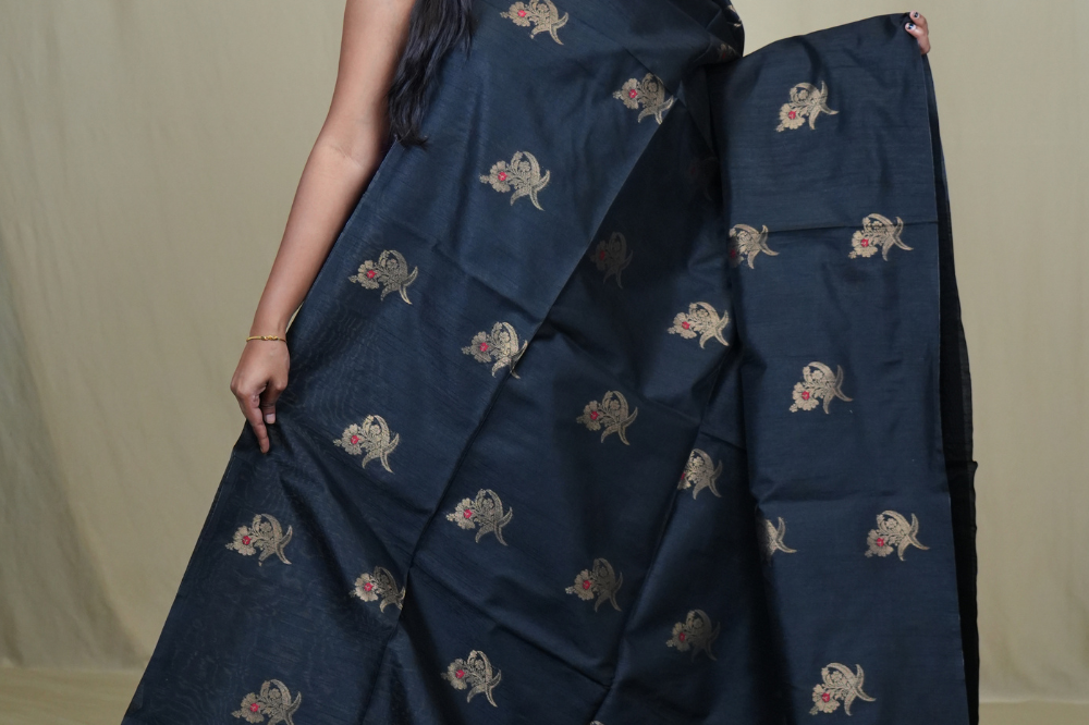 Traditional Semi Dupion Saree with woven zari motifs, ornate borders, and rich brocade pallu for weddings and festive occasions.