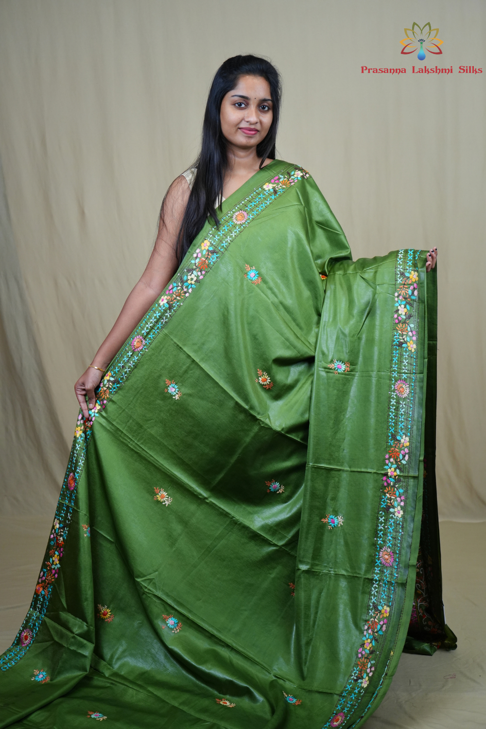 Traditional semi Tussar saree suitable for festive occasions with intricate Parsi work detailing.