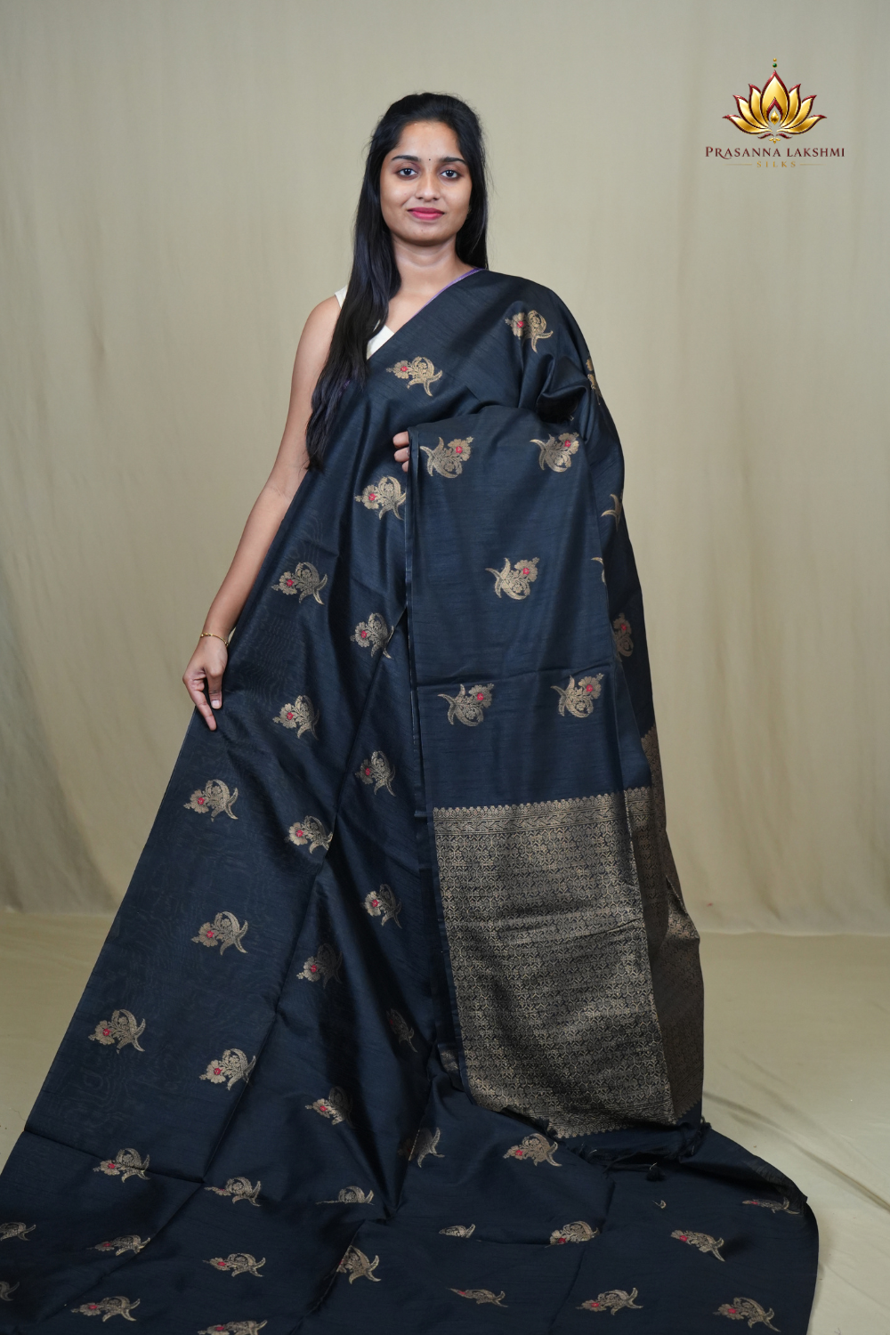 Semi Dupion Silk Saree with all-over zari woven motifs, rich brocade pallu, and elegant zari borders.
