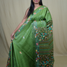 Semi Tussar saree with all-over thread woven motifs and rich Parsi work pallu.
