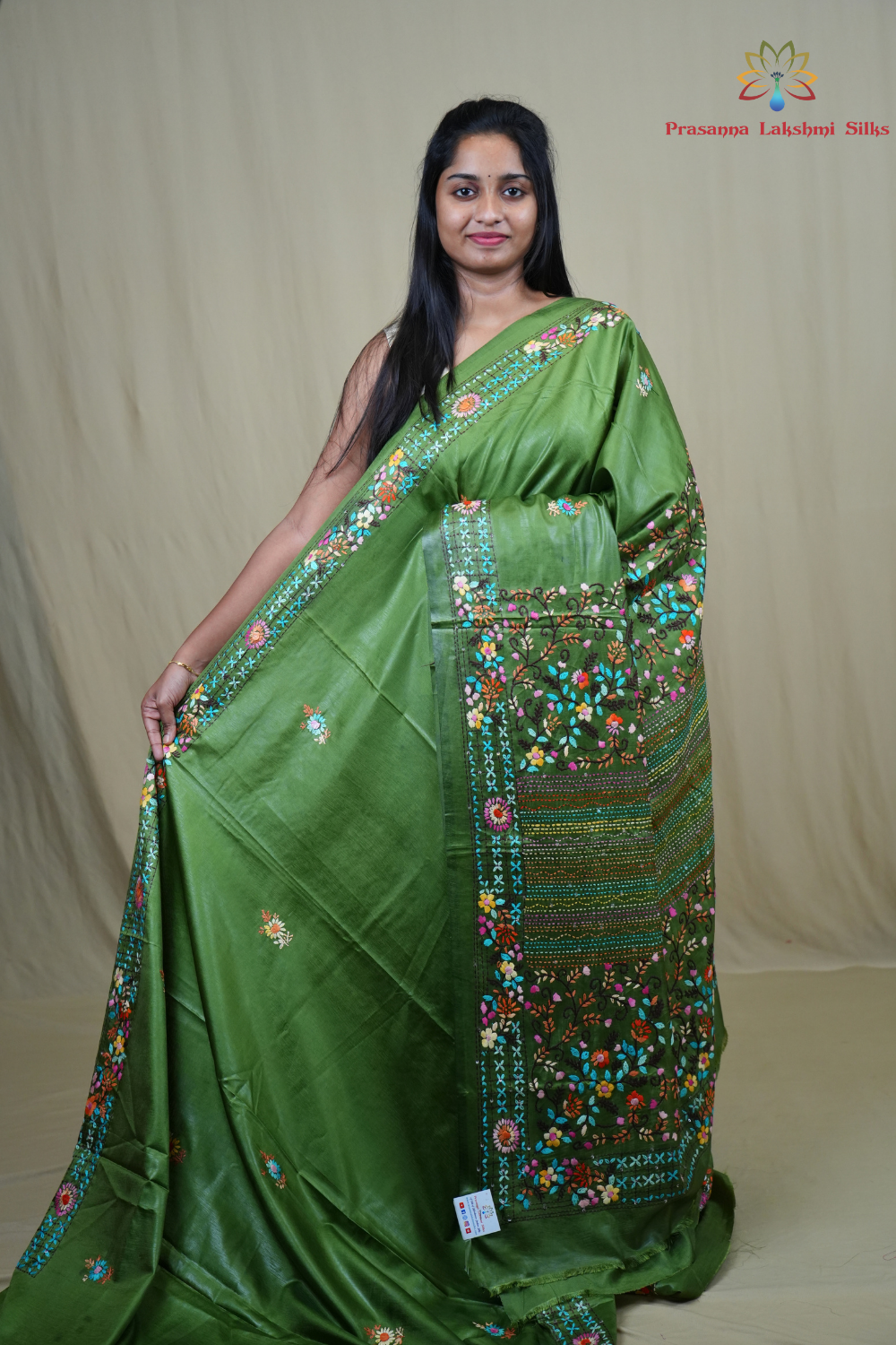Semi Tussar saree with all-over thread woven motifs and rich Parsi work pallu.
