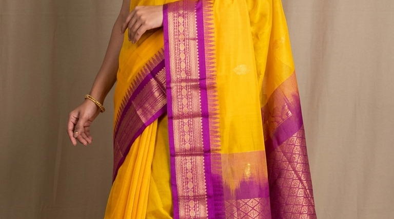 Chirala cotton saree with allover zari woven motifs and contrast zari border
