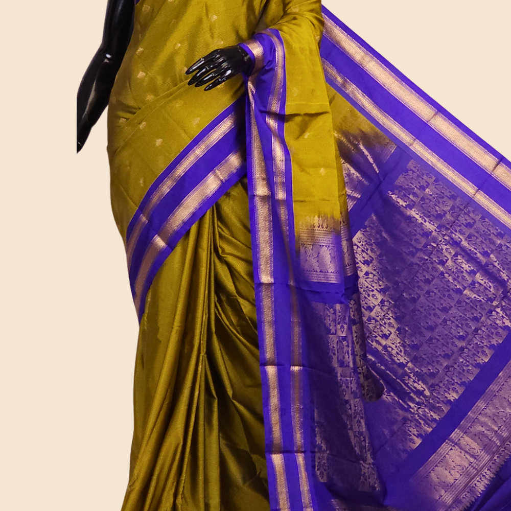 Semi Gadwal saree with horizontal zari motif stripes and zari woven gap borders
